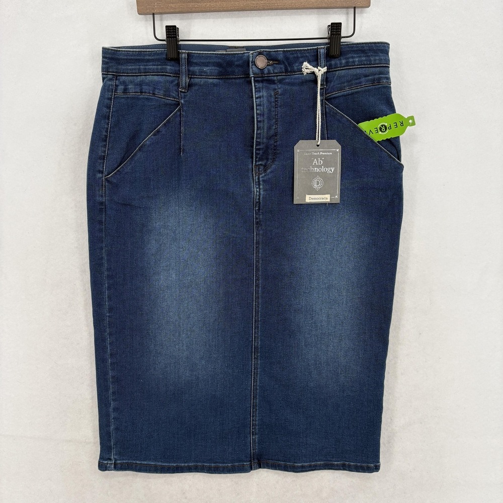 Democracy Skirt Womens 14 Blue Denim Knee Pencil Stretch Ab Technology Comfort